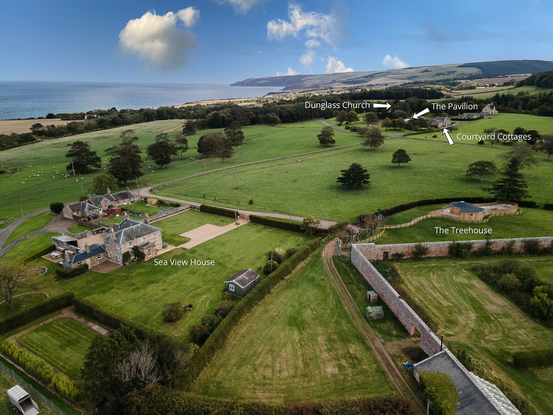 Aerial view of a lush coastal Dunglass Estate with labelled buildings including Dunglass church and courtyard cottages, surrounded by fields and a distant sea view.