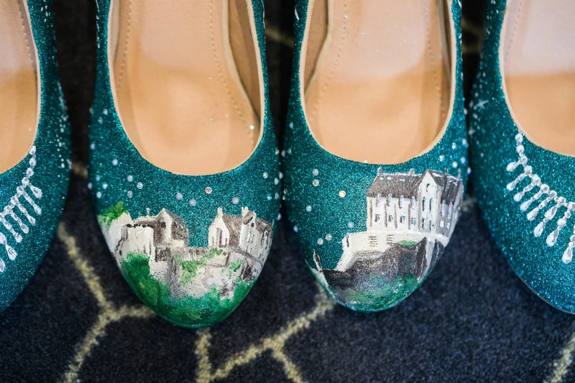 dark green bridal shoes with Edinburgh Castle detailing