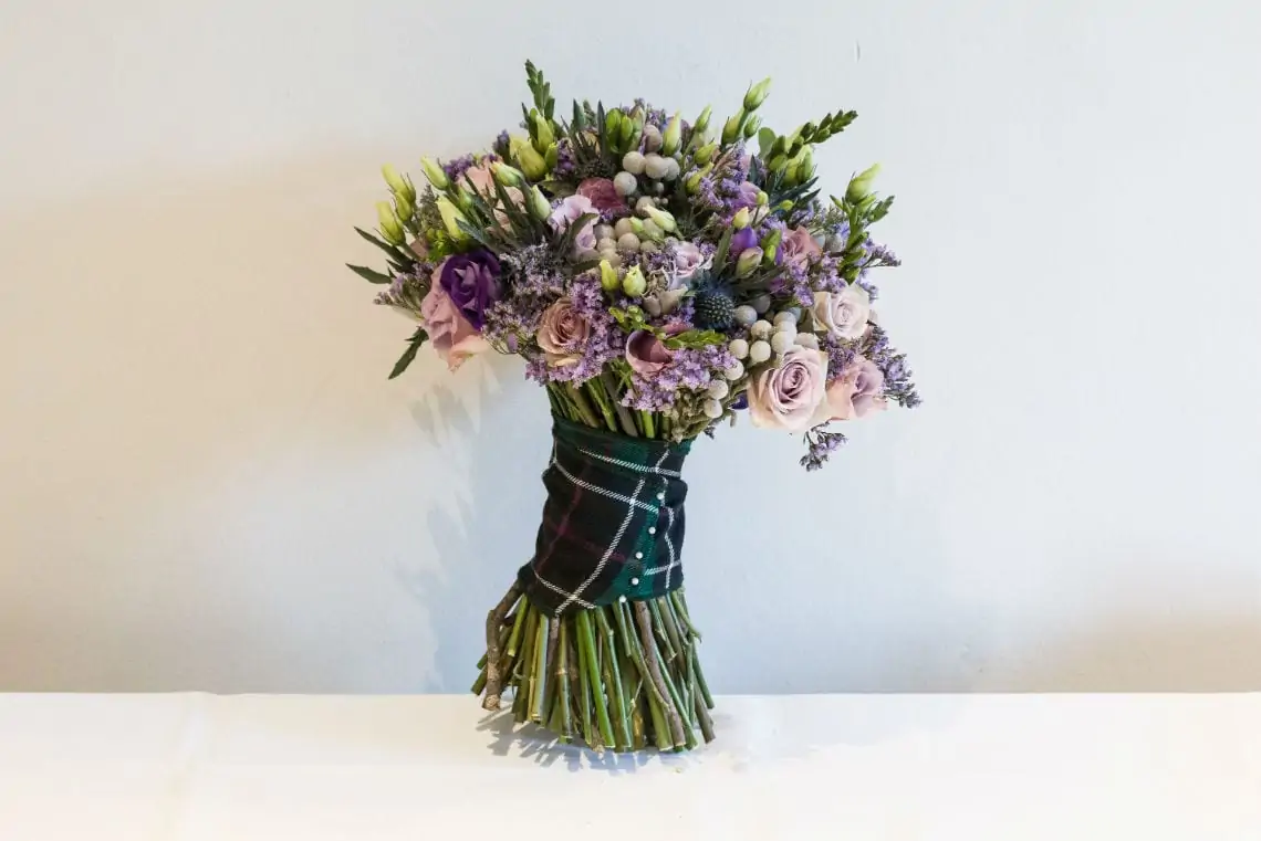 bridal bouquet with pink and purple flowers
