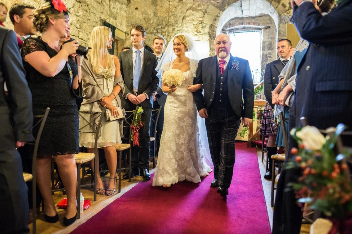 Auld Keep Great Hall processional bride and father