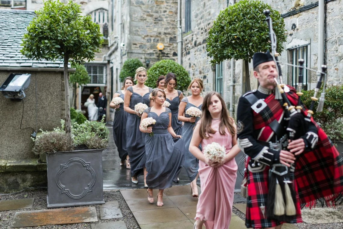 Auld Keep processional bridal party led by piper