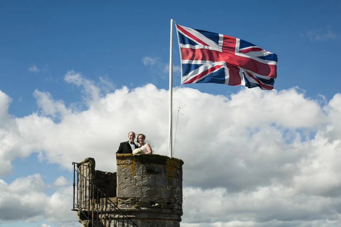 Auld Keep rooftop turret newlyweds with Union Jack