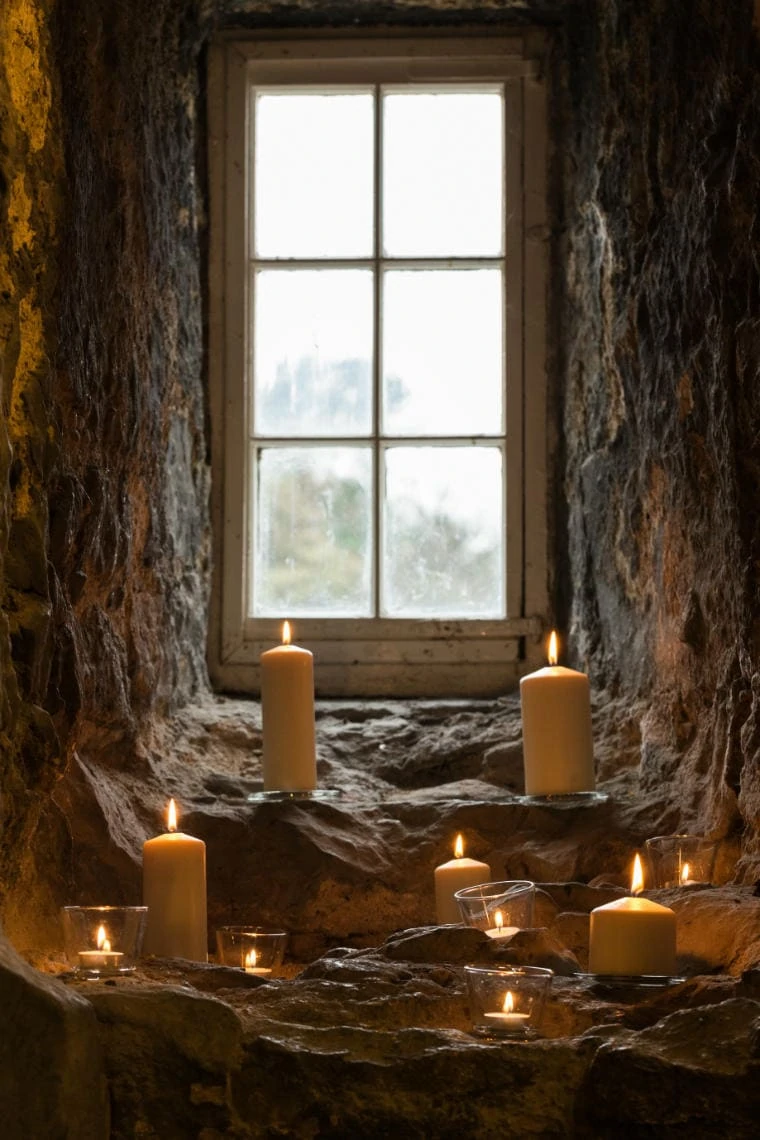 Auld Keep staircase window with candles