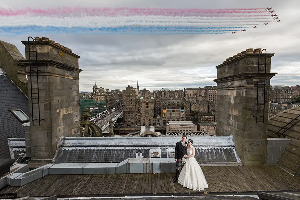 rooftop photo on wedding day at Balmoral Hotel Edinburgh Scotland