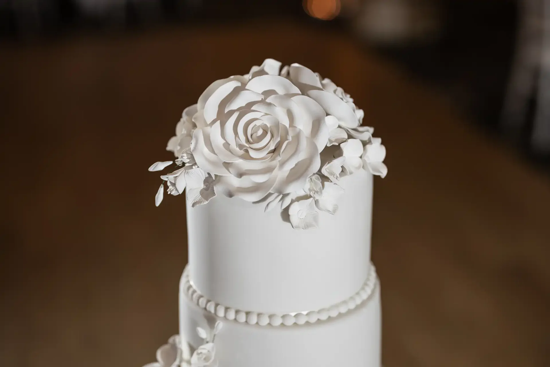 A two-tiered white wedding cake decorated with intricate white sugar flowers on top.