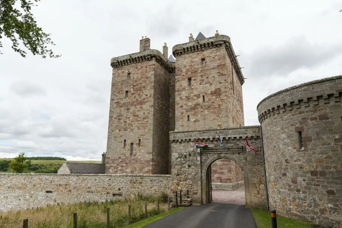 Outside view of castle with archway entrance