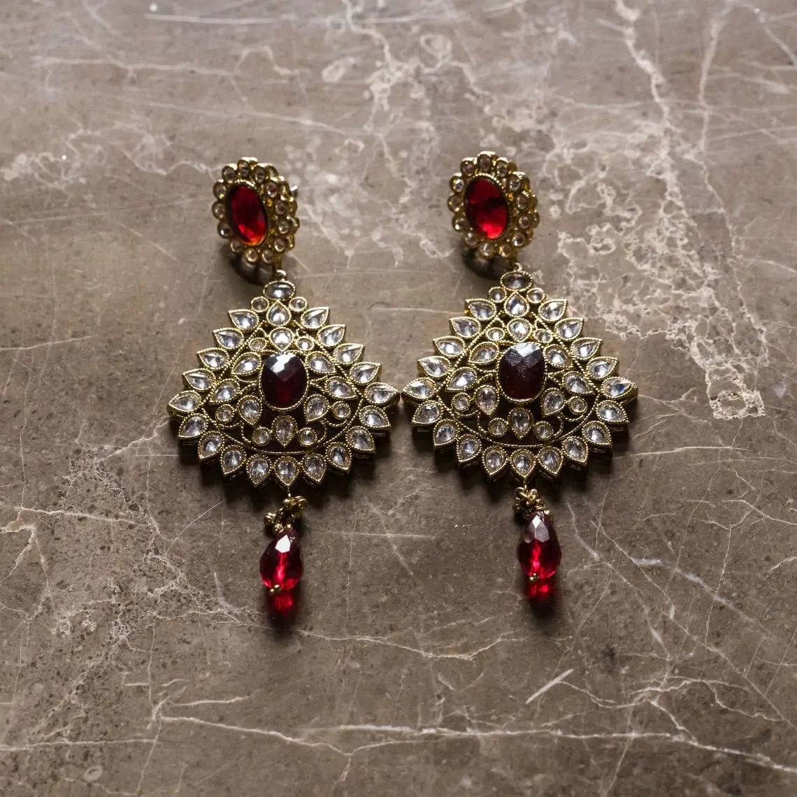Bride's diamond and ruby earrings