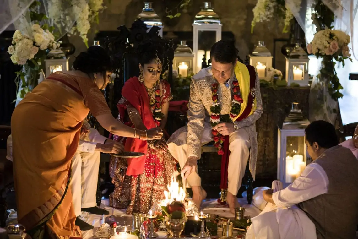 Hindu marriage ceremony with bride and groom