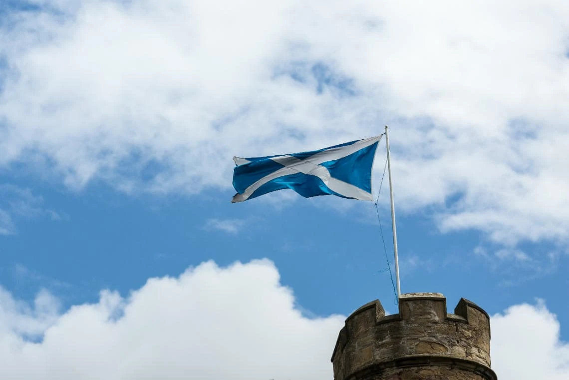 Scottish flag flying from the roof of Carberry Tower