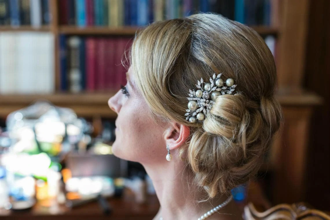bride profile hair detail in The Library