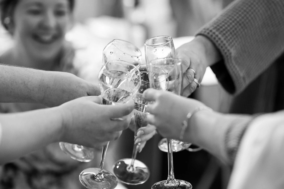bride and girls say cheers with champagne