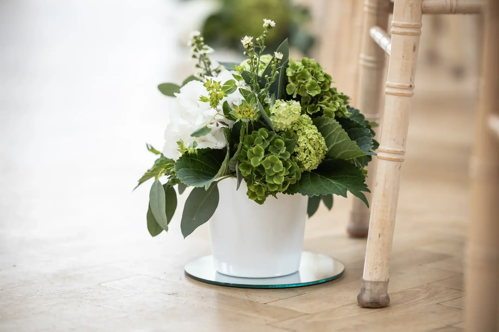 White pot with green and white flowers placed on a round mirror, next to a wooden chair on a light wooden floor.