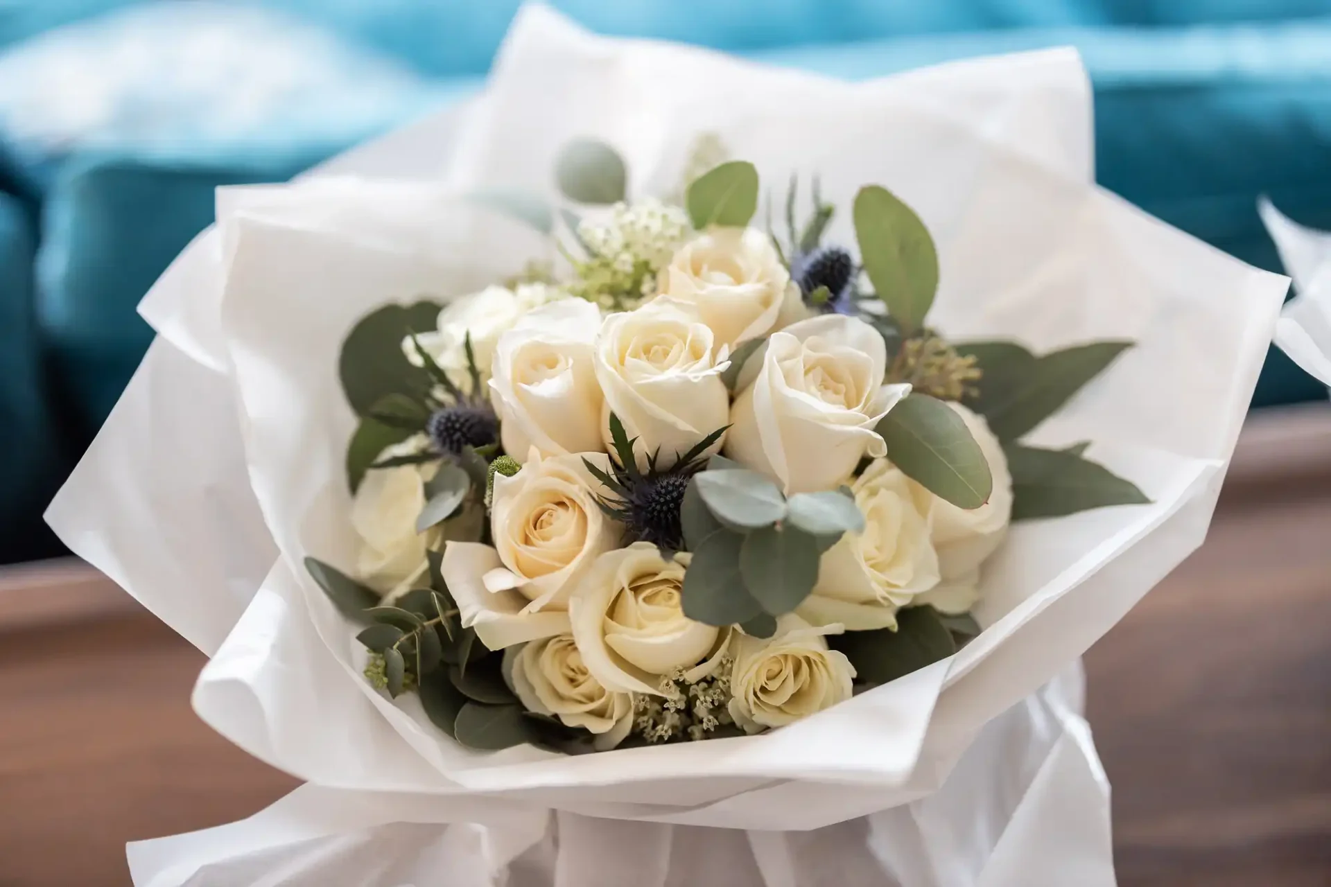 A bouquet of white roses and greenery wrapped in white paper, resting on a blue couch.