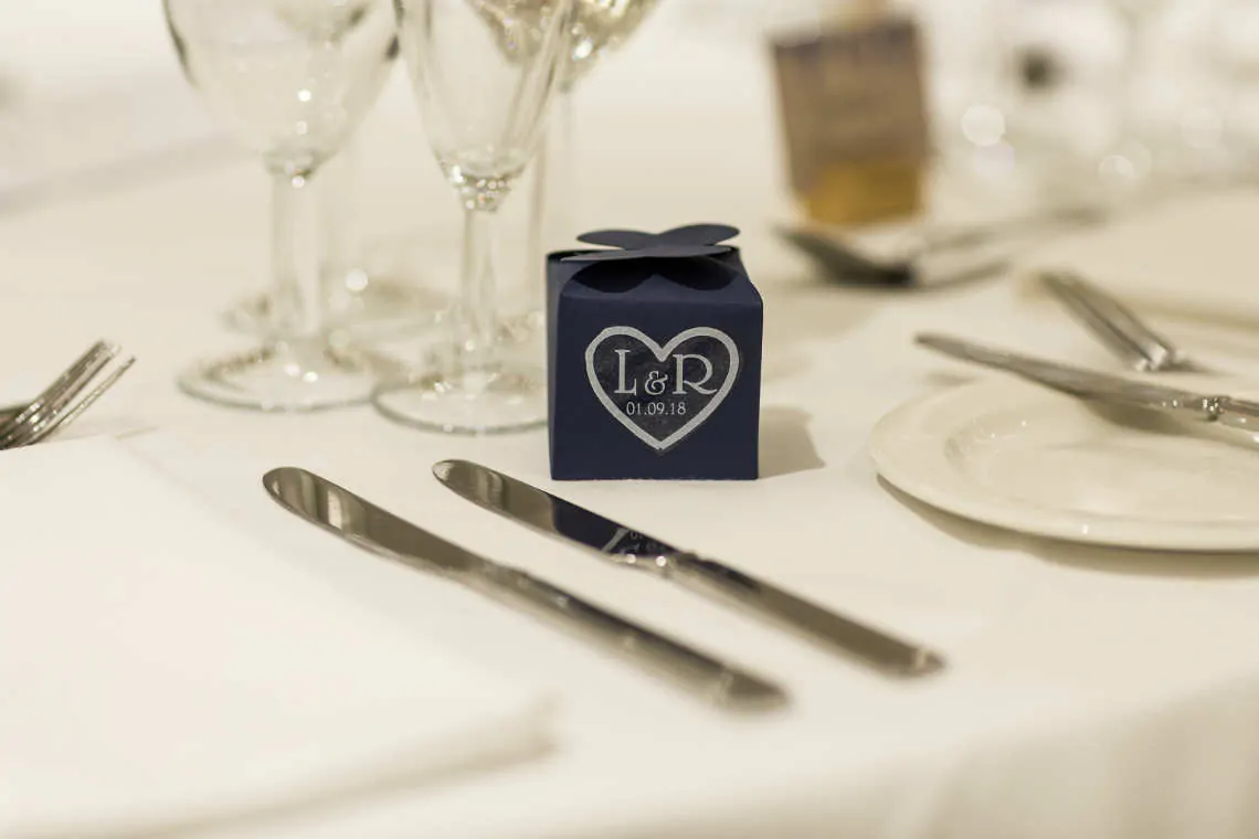Close up of navy blue wedding favour box