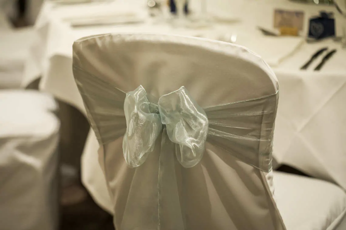 Close up of mint organza chair bow