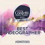 Confetti Wedding Awards 2025 finalist graphic for Best Videographer category, with a background of colorful paint splashes.