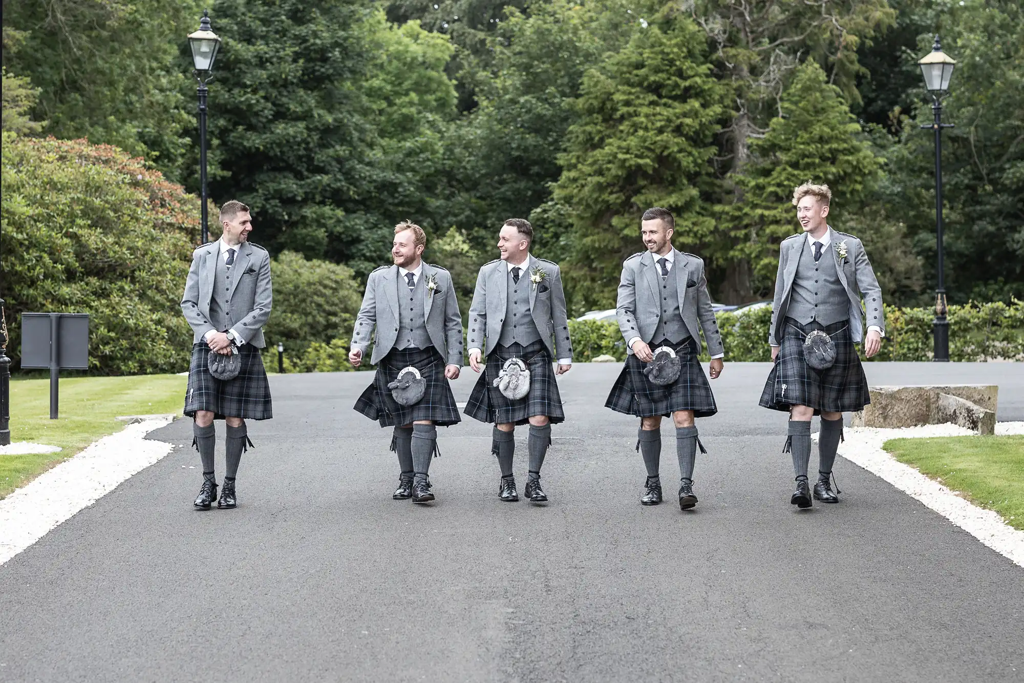 Five men in matching formal Scottish attire walk down a road flanked by greenery. They wear gray jackets, vests, kilts, knee-high socks, and sporrans.