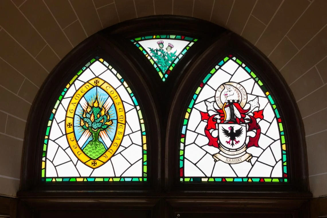 stained glass Ramsay coat of arms in The Chapel