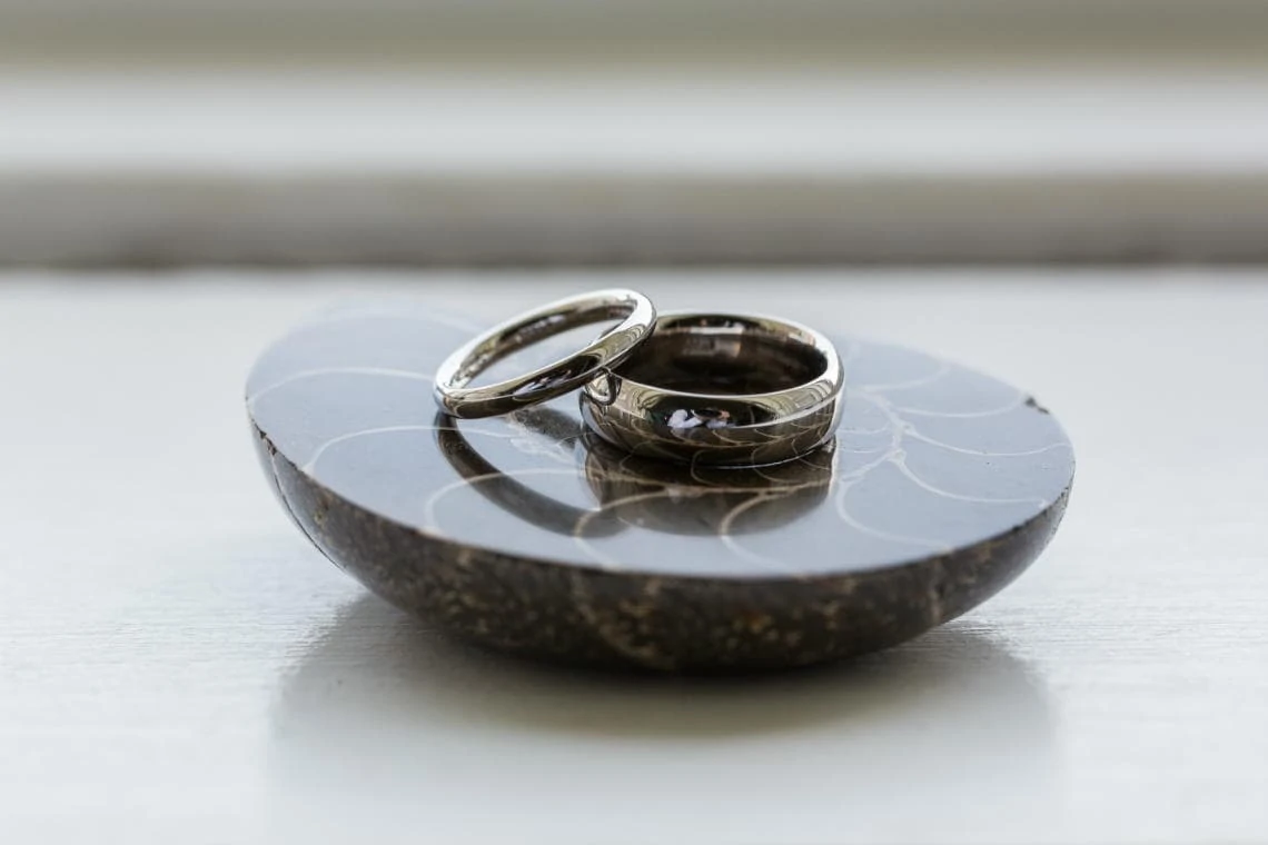 bride and groom's wedding rings sat on an ammonite fossil