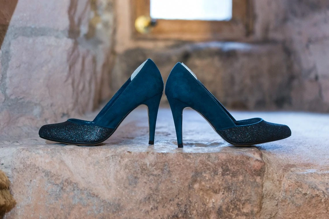 bride's blue suede and glitter shoes