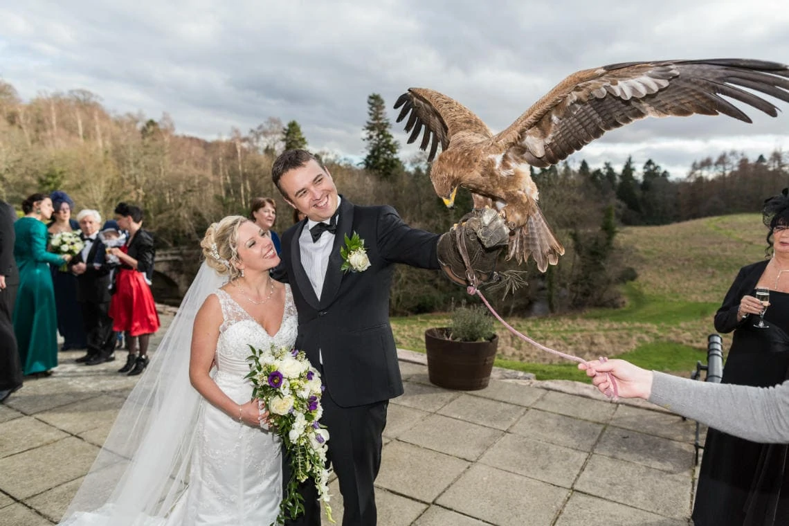 groom holding an eagle on the castle patio as his bride watches the eagle spread its wings