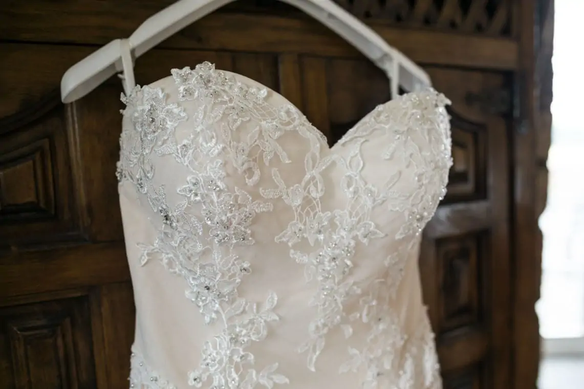 Detailed photo of lace on wedding dress