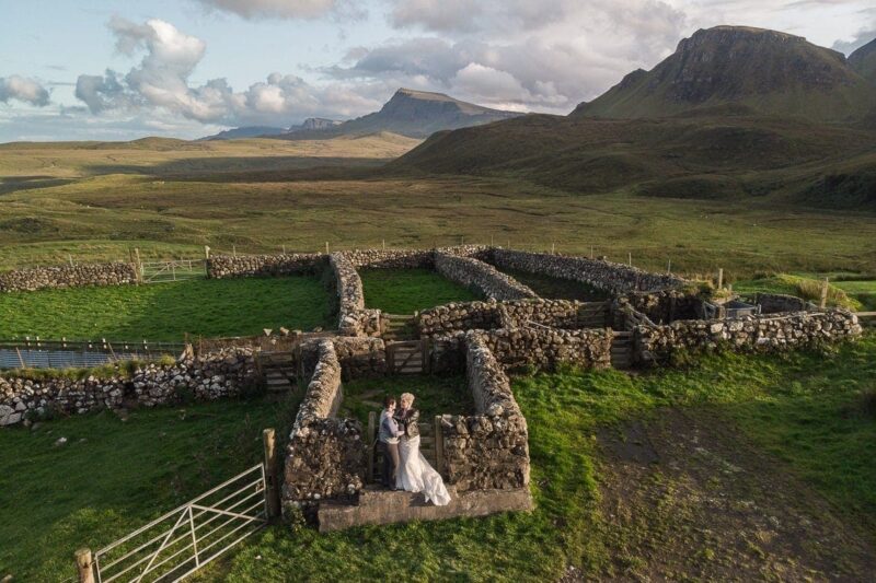 Destination Wedding Photographers and Videographers Isle of Skye Alanna and Brianna lesbian wedding drone photo Quiraing