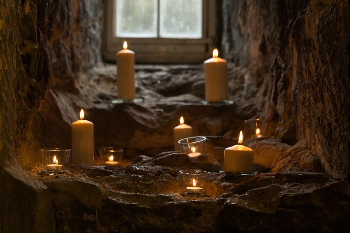 candles and tea candles lit in the window recess on the staircase of the Auld Keep