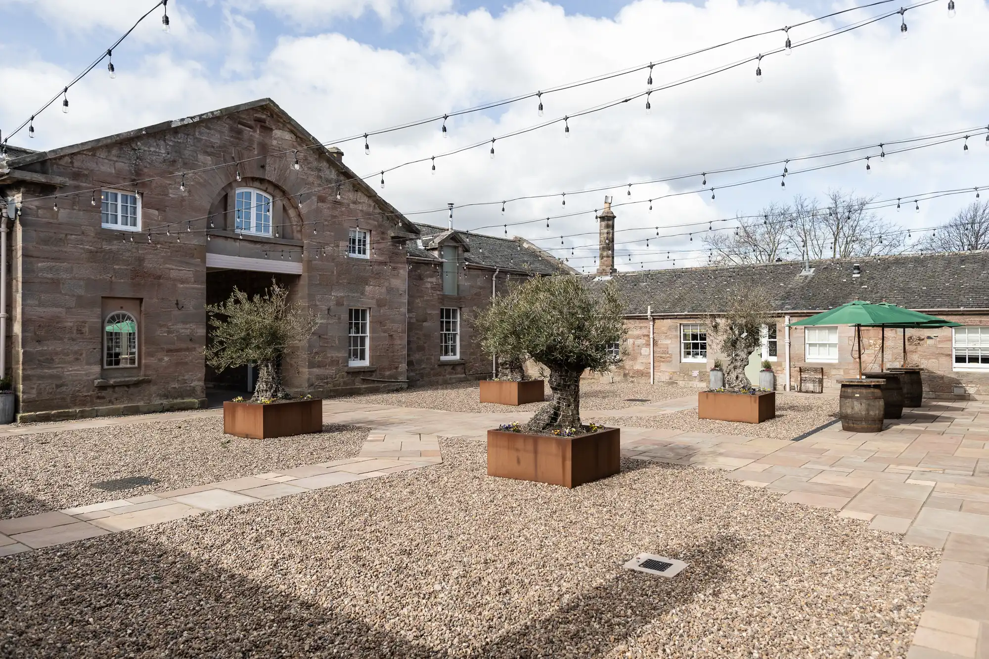 A courtyard with gravel ground, large potted plants, string lights overhead, and brick buildings in the background.