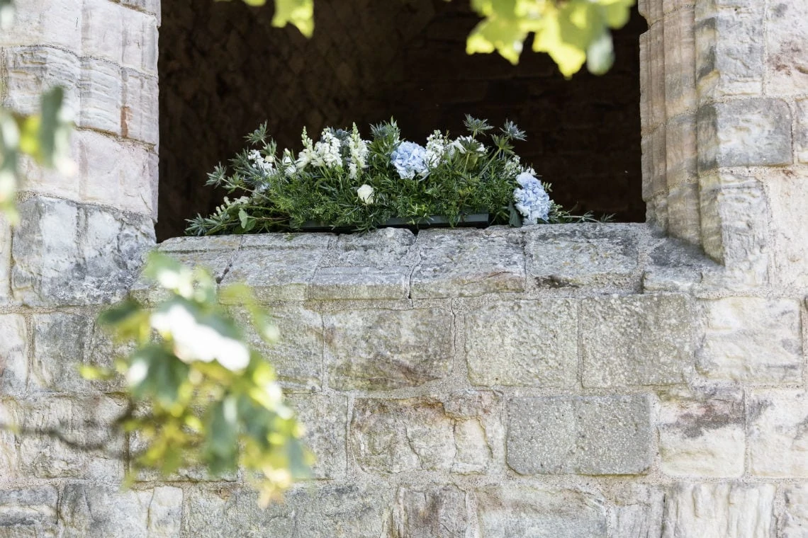 floral display inside the church