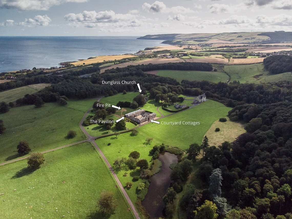 aerial photo of pond and Courtyard Cottages