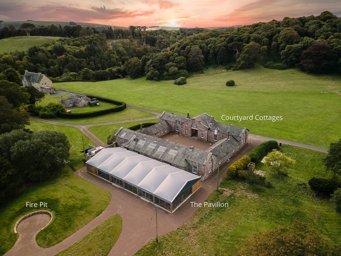 aerial view of Pavilion, Courtyard Cottages and Fire Pit