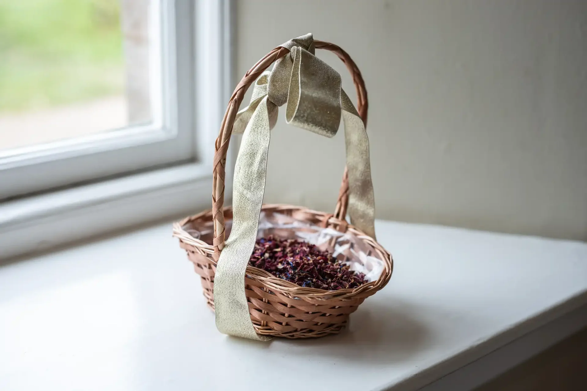 A wicker basket with a gold ribbon handle contains dried flower petals and sits on a white windowsill.