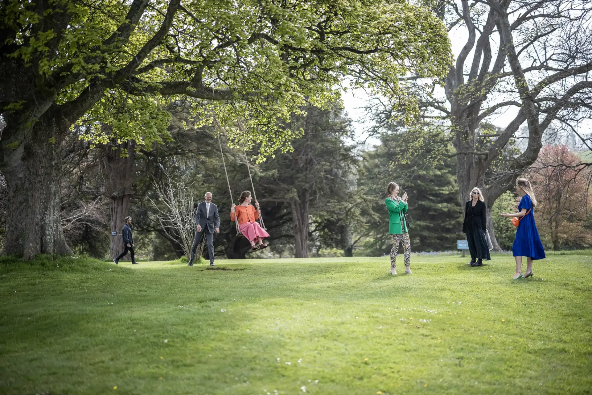 People walking and standing in a lush, open park surrounded by trees; one person is swinging on a tree swing, while another person is taking a photo.