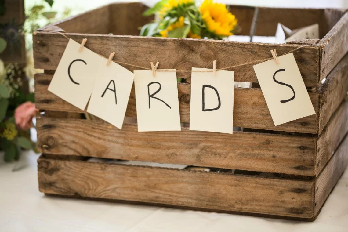 wooden crate for guests' cards for the newlyweds