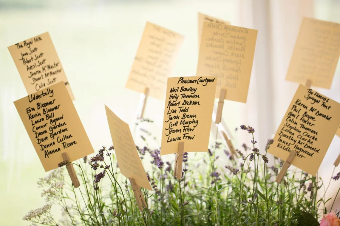 table place names on cards held with pegs