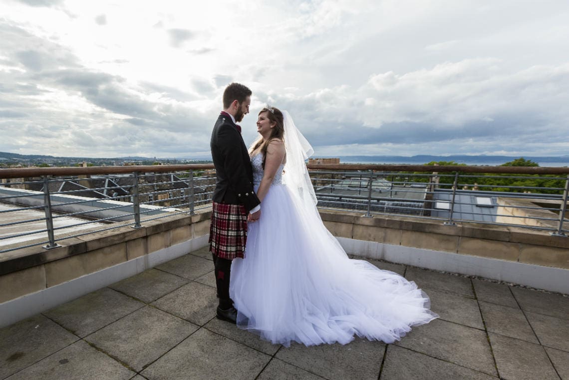 The George Hotel Edinburgh Forth View Suite Patio - Cheryl and Daniel newlyweds