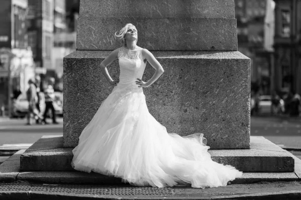 Bride Clare strikes a beautiful pose on George Street