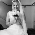 bride black and white picture holding bouquet