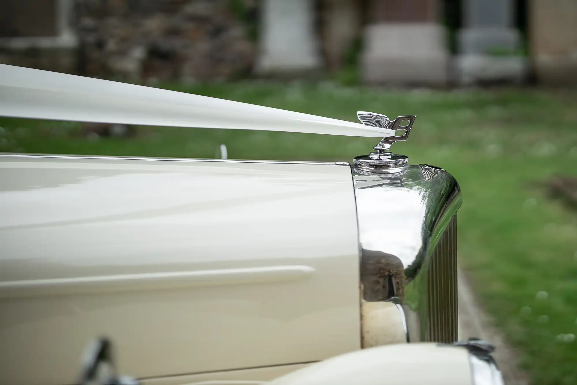 Close-up of a vintage car's hood ornament featuring a stylized bird, with white ribbons tied to it. The car’s front end is cream-colored and chrome-trimmed. The background is grassy with blurred elements.