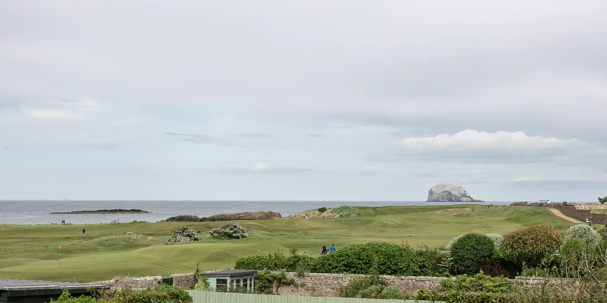 A grassy expanse by the sea with scattered shrubs and a distant rock mass in the water under a cloudy sky.