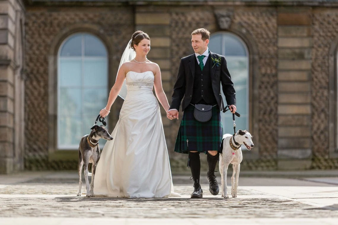 Newlyweds holding hands and walking their dogs in the courtyard.