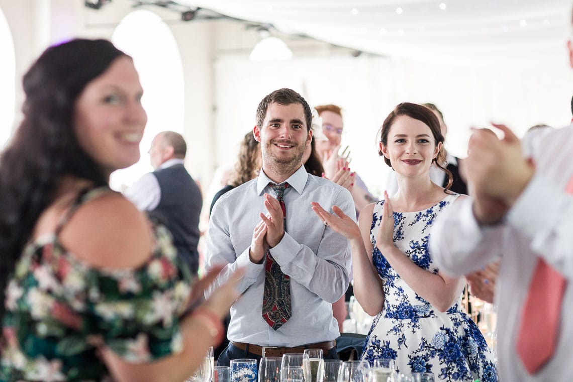 Eskmills Venue Wedding wedding guests clapping at evening reception