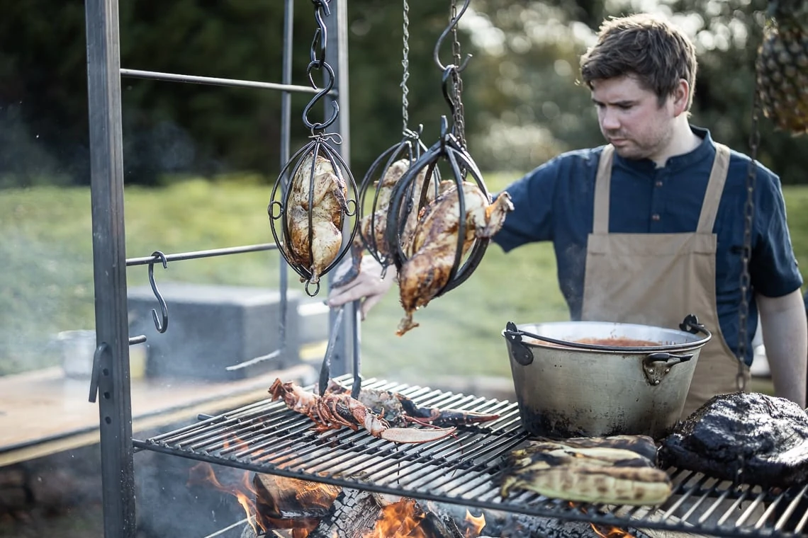 Fire Pit - chicken and lobster on the barbeque