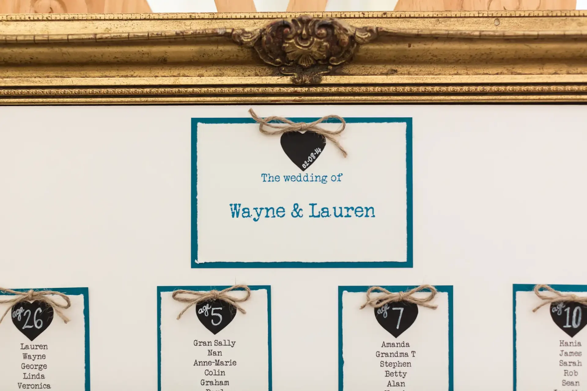 A seating chart for "the wedding of wayne & lauren" with guest names and table numbers listed on blue cards.
