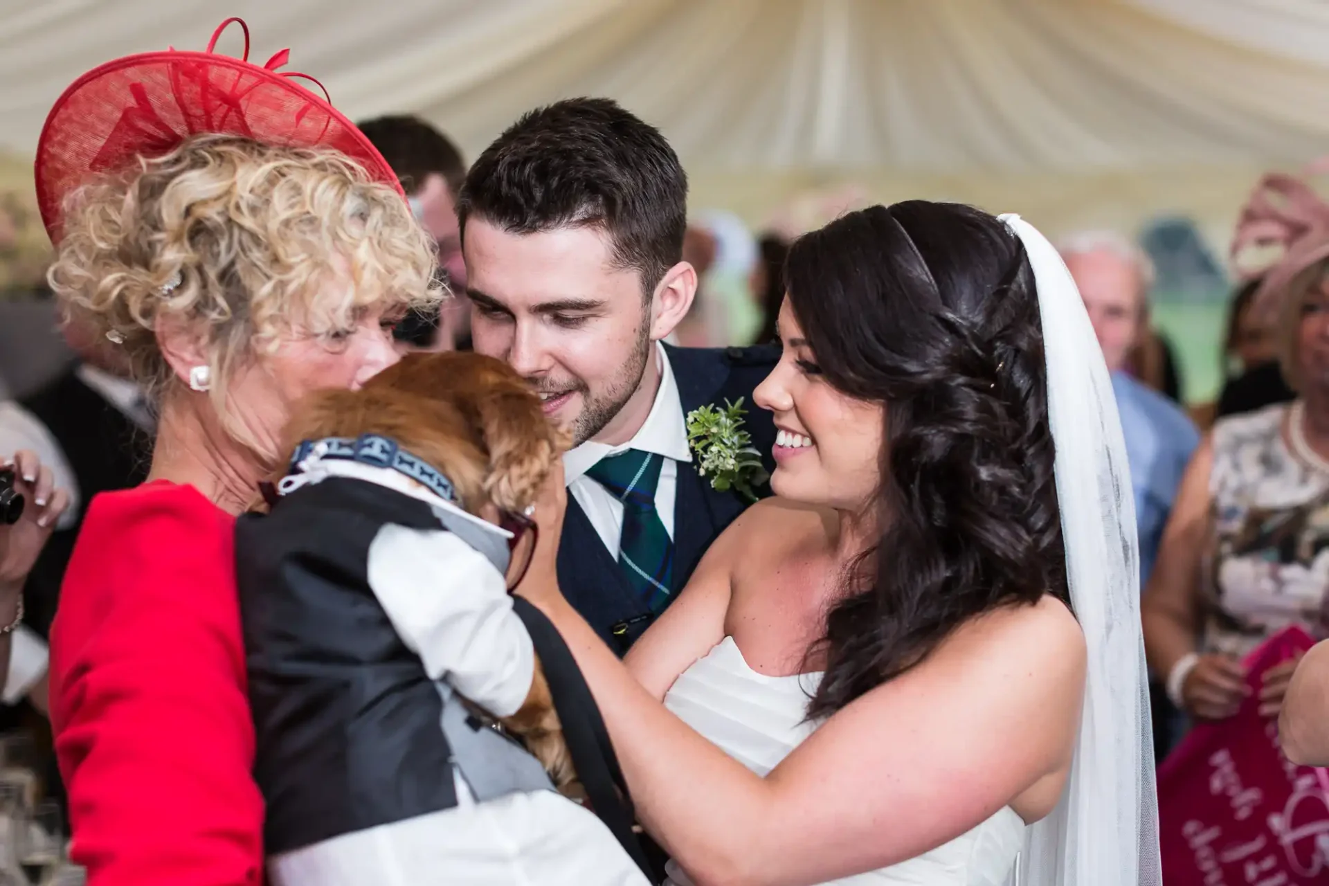 A bride and groom smiling at a small dog being held by a woman in a red hat at their wedding reception.