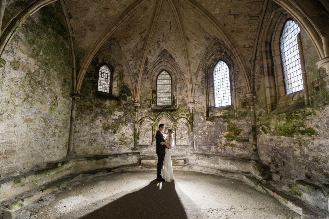 Newlyweds in the Chapter House of Inchcolm Abbey, Inchcolm Island wedding venue