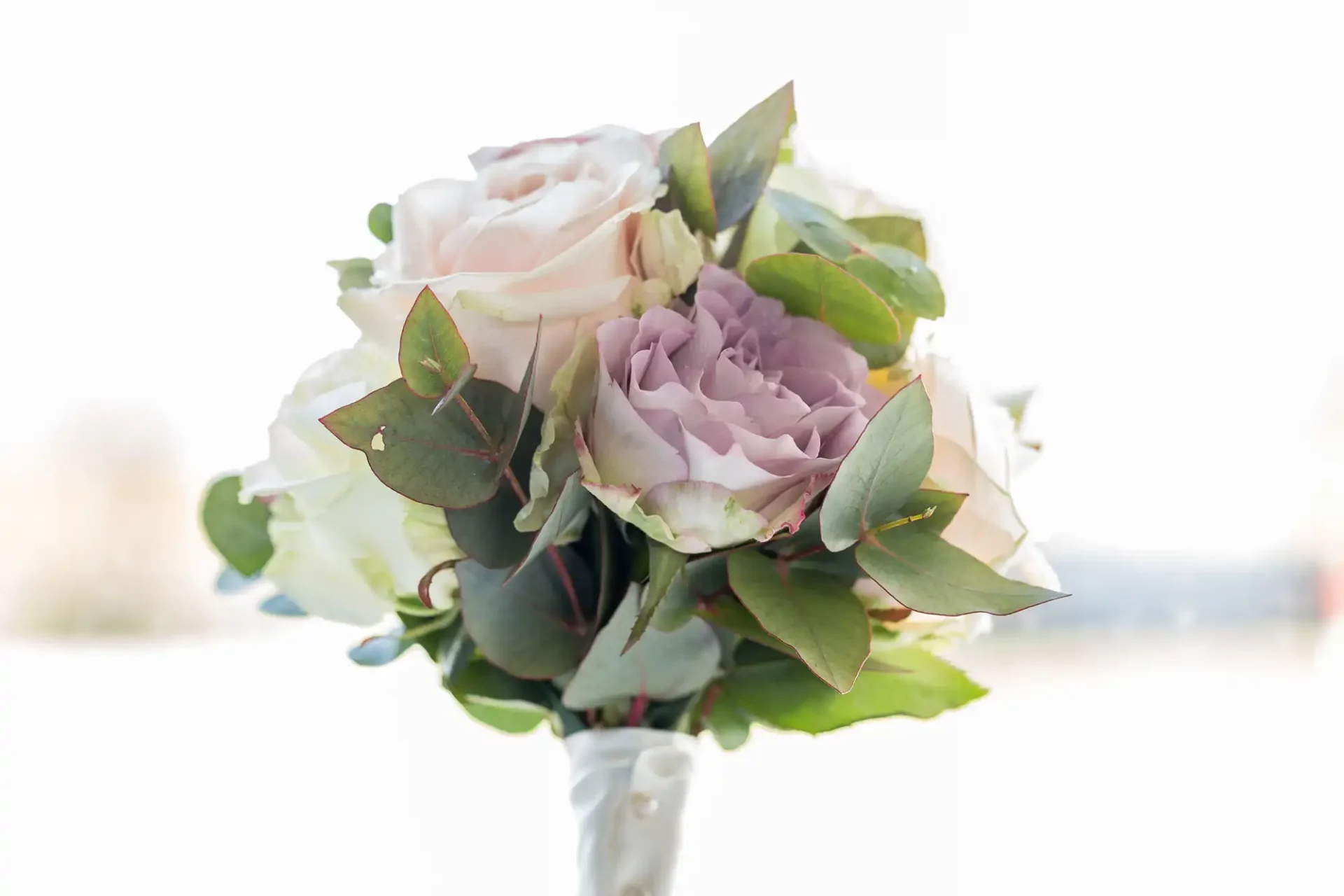 A bridal bouquet featuring pale pink roses and a single purple flower, surrounded by green leaves and wrapped with a white ribbon.