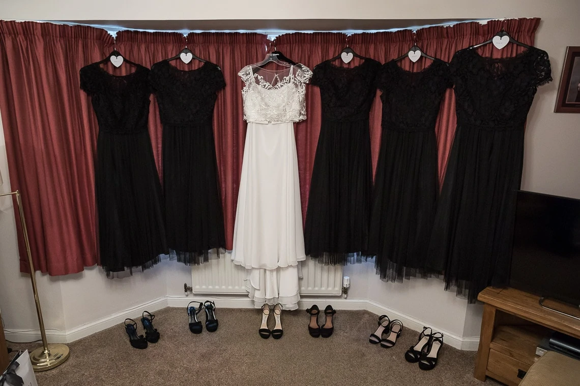 bride and bridesmaids dresses and shoes