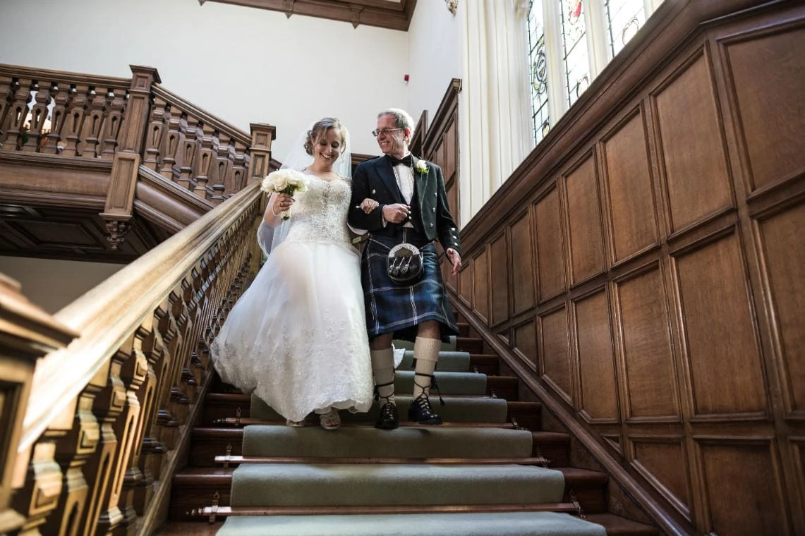 Main Hall Staircase bride and father descend